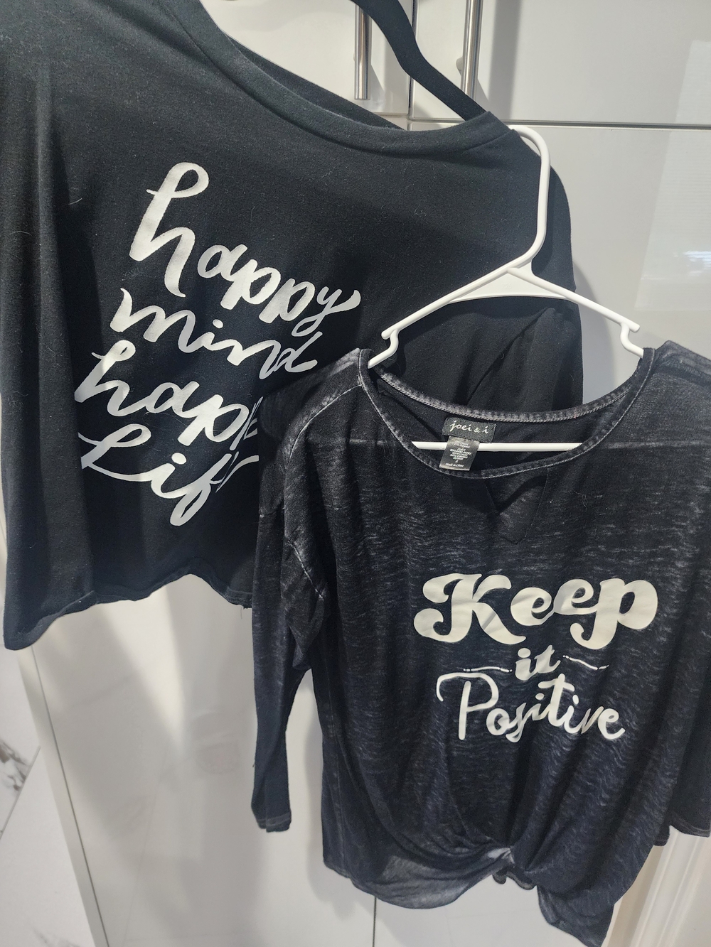 2 Keep It Positive Women's Long Sleeve Graphic Tee - Black And Half Top Tiny Hol